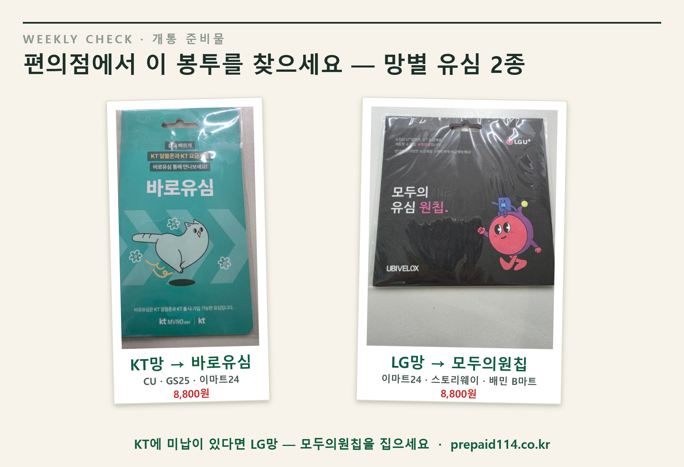 선불폰 개통용 편의점 유심 2종 실제 패키지 — KT망 바로유심, LG망 모두의원칩
