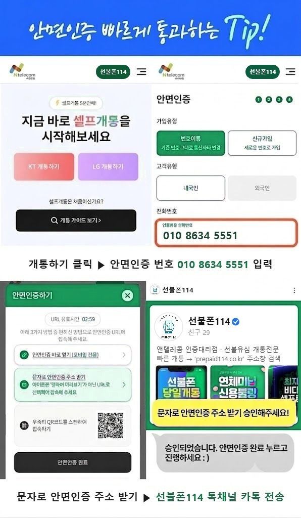 알뜰폰 안면인증 진행 순서 — 개통하기 클릭 후 전화번호 입력, 안면인증 팝업에서 문자로 주소 받기, 선불폰114 카톡 채널에서 승인