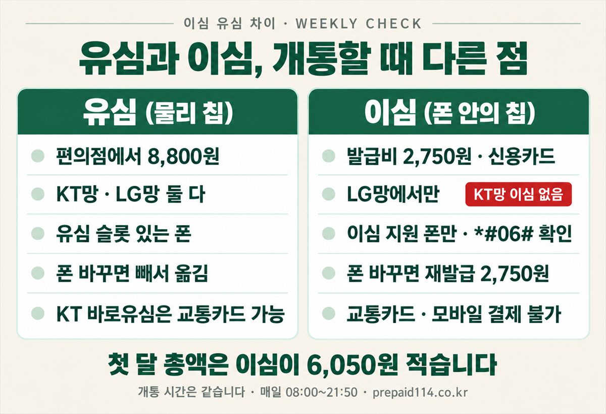 이심 유심 차이 비교 — 유심은 편의점 8,800원·KT망과 LG망, 이심은 발급비 2,750원·LG망에서만·폰 바꾸면 재발급