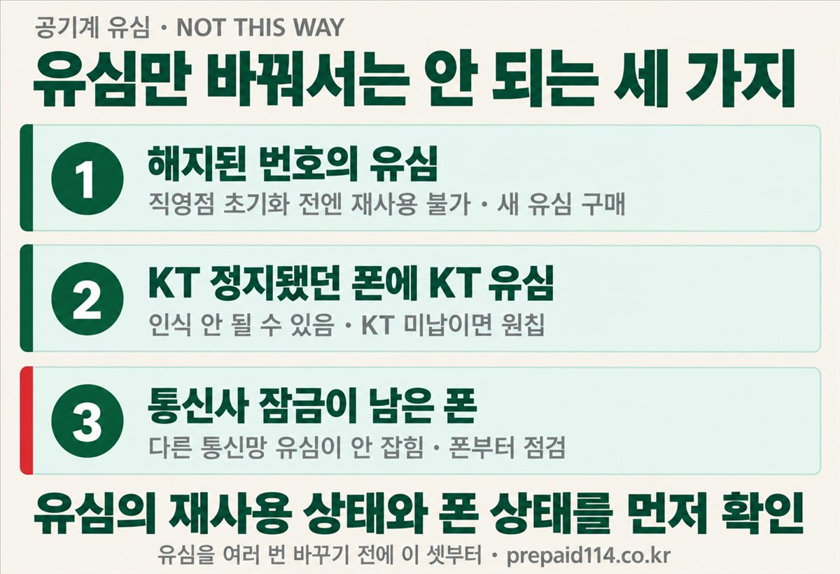 공기계 유심만 바꿔서는 안 되는 세 가지 — 해지된 번호의 유심, KT 정지됐던 폰에 KT 유심, 통신사 잠금이 남은 폰